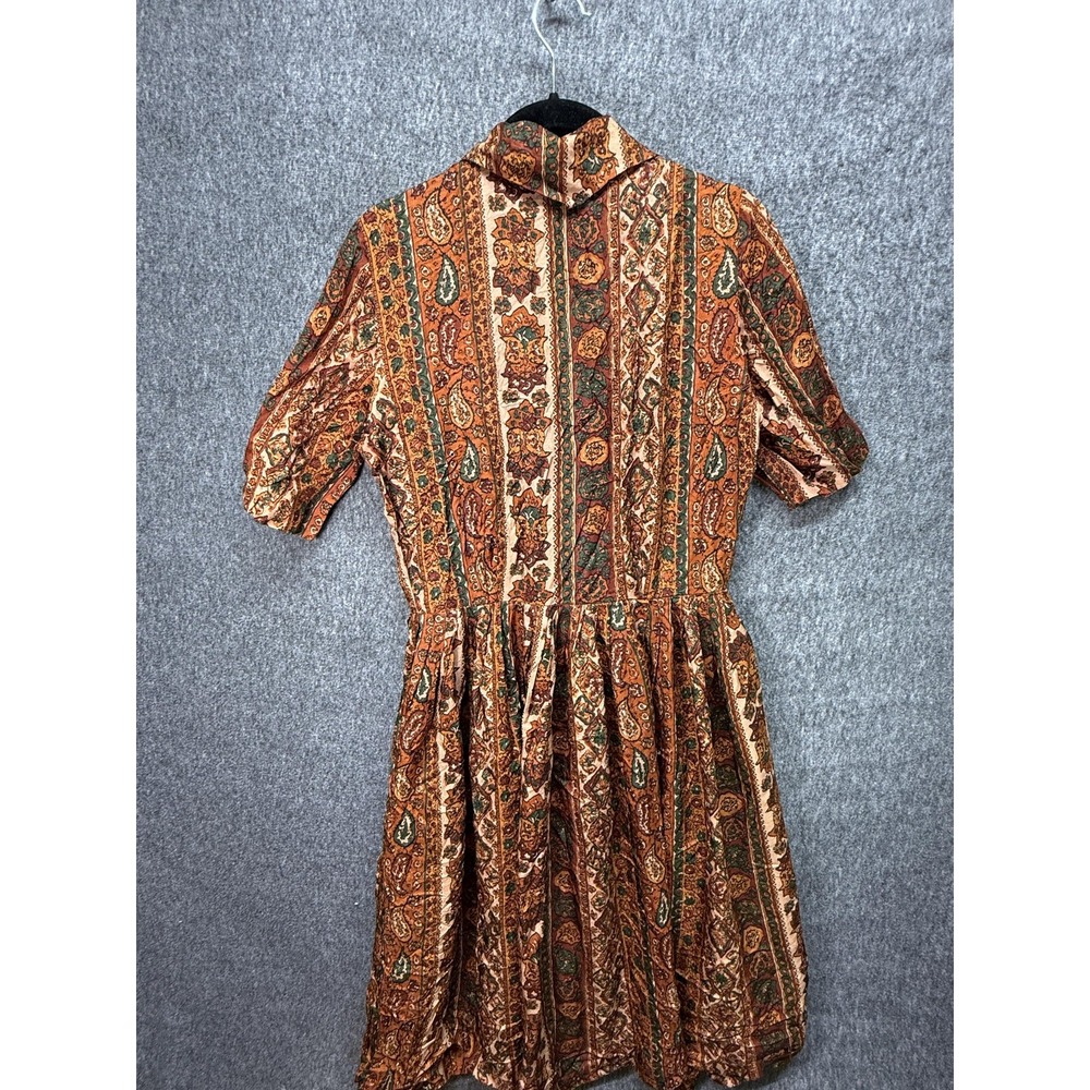 Boho‎ Paisley Dress Womens Medium Brown Orange Green Button Front Short Sleeve - Picture 9 of 12